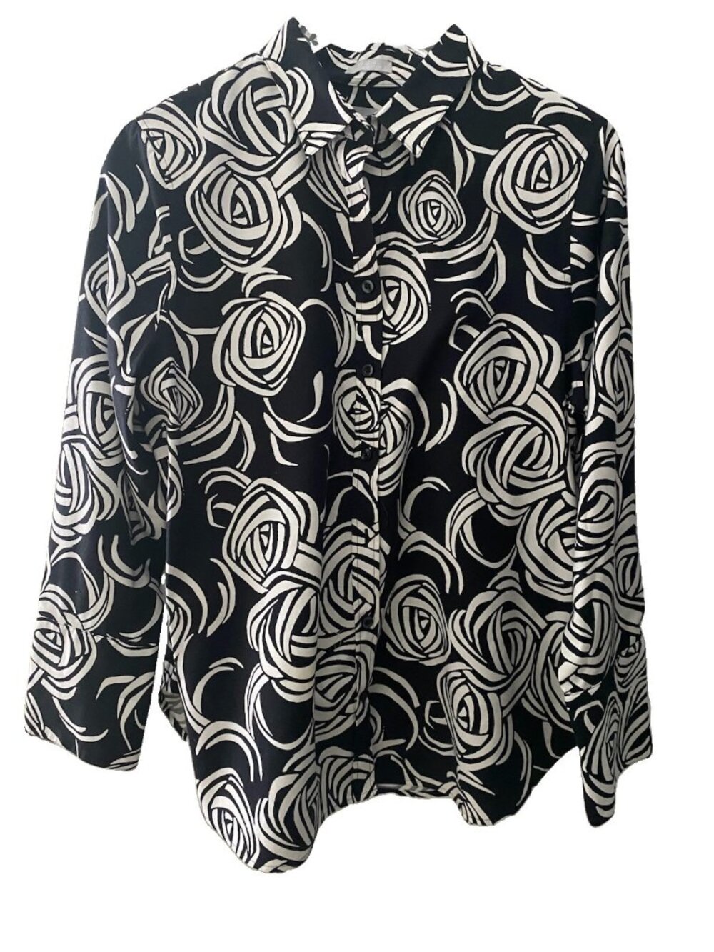 Chicos Blouse Top Size 2 Large Black White Button Up Collar Cotton Easy Care